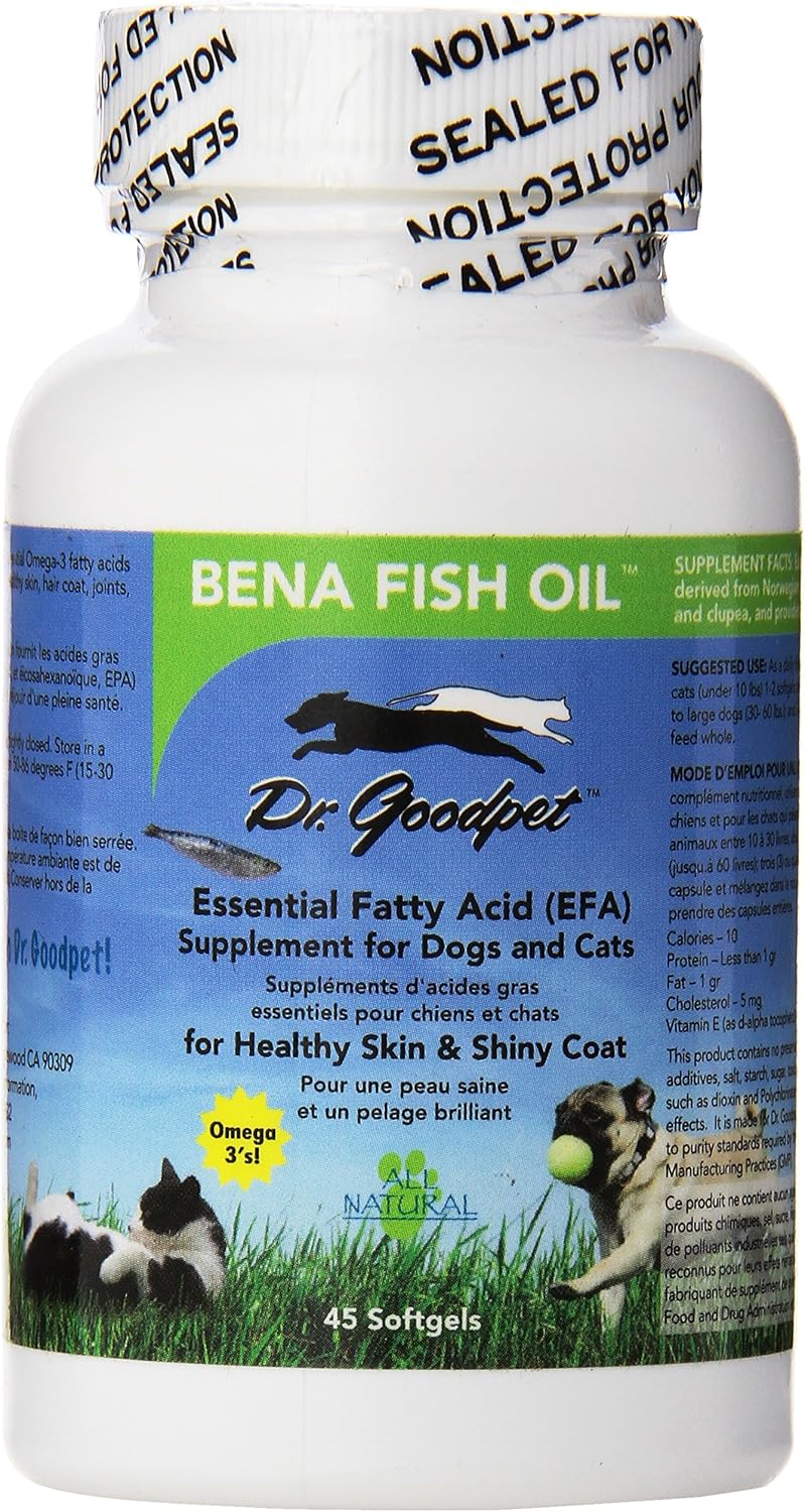Bena Fish Oil Softgels | Aceite de pescado puro con Omega-3 EPA y DHA para perros y gatos | 45 cápsulas blandas