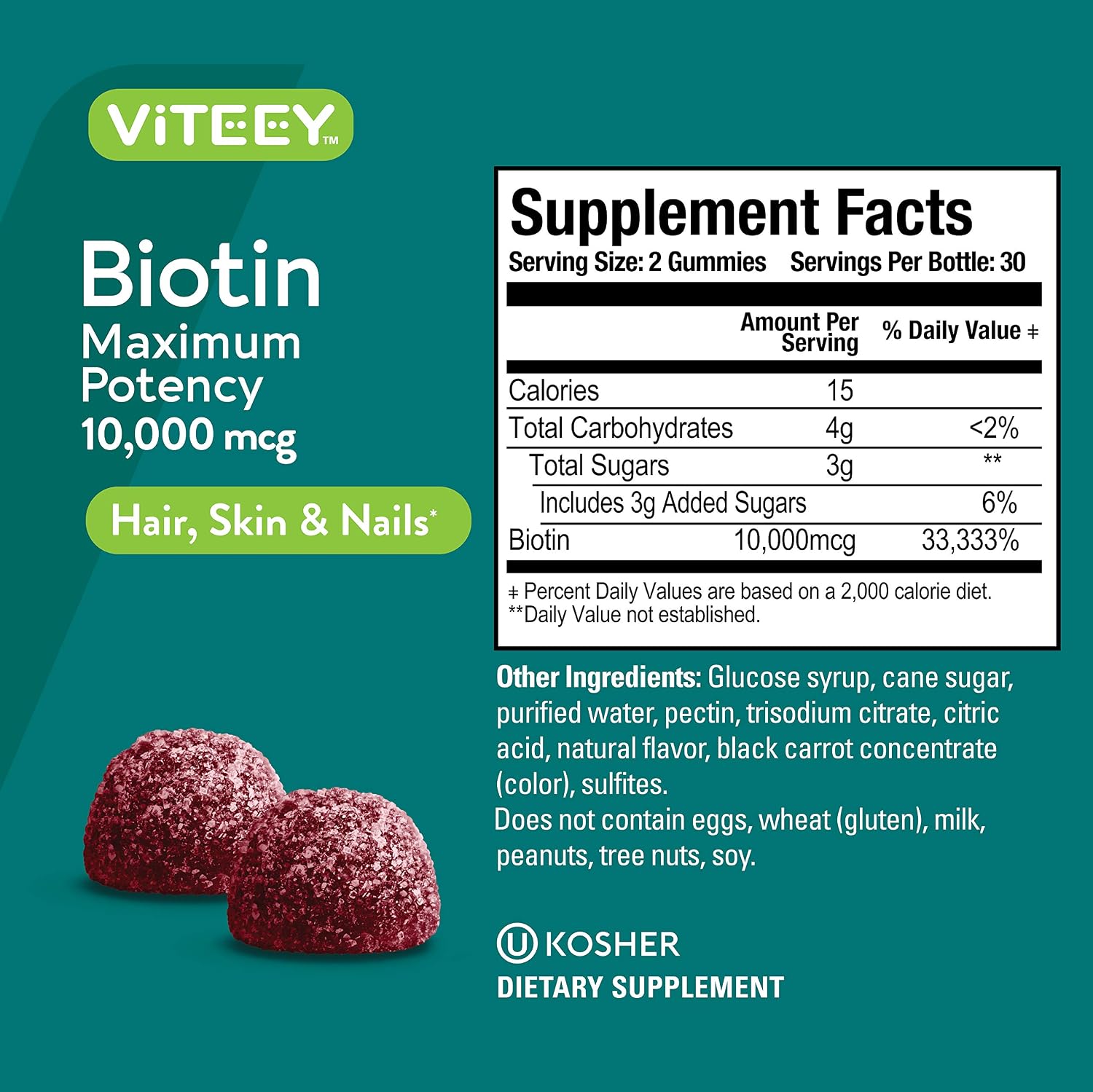 Viteey Biotin Gummies - 10.000 μg - 120 Gominolas para Cabello, Piel y Uñas