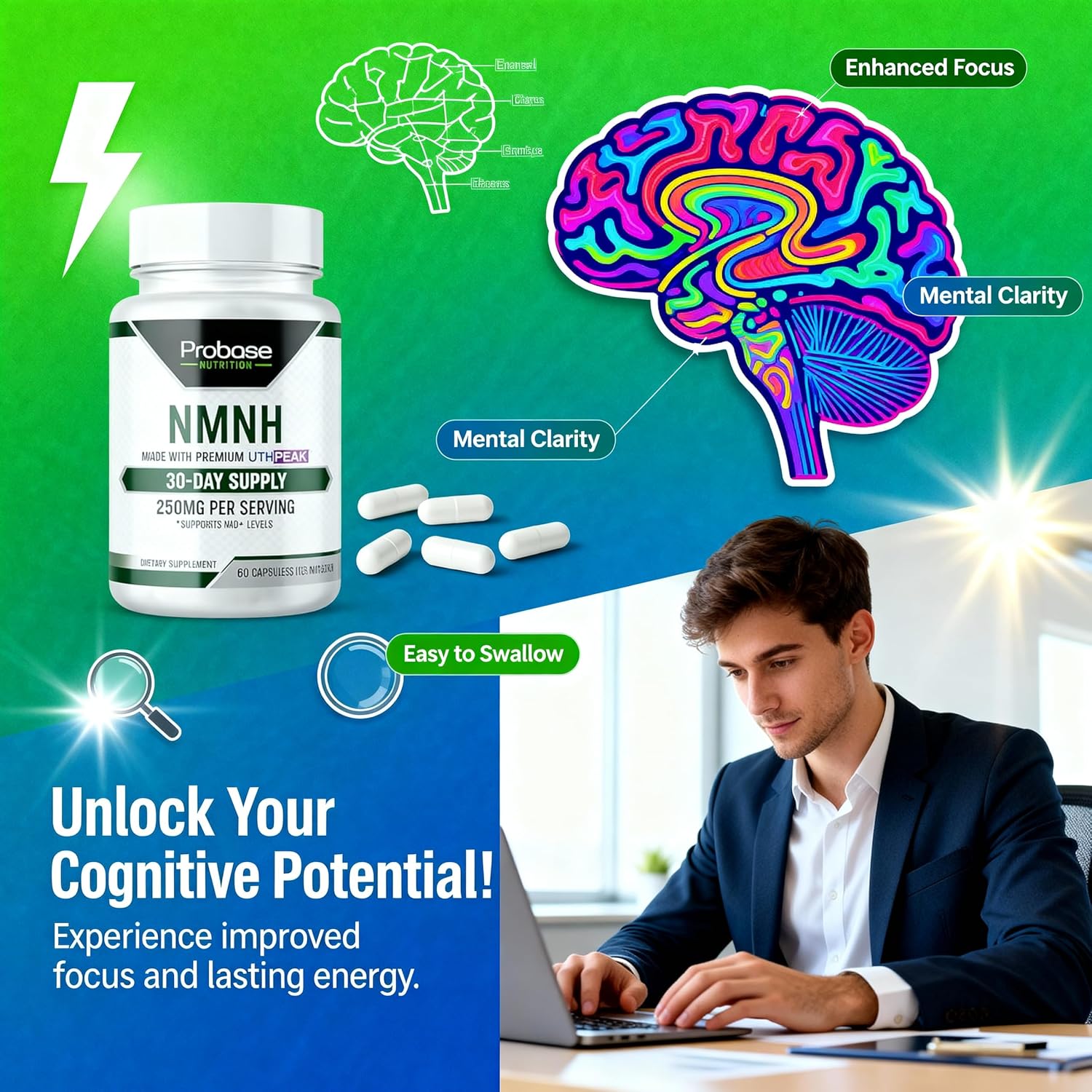 Uthpeak NMNH NAD Supplement 250mg - 60 Cápsulas - Fórmula Premium para el Soporte Cognitivo y el Envejecimiento Saludable