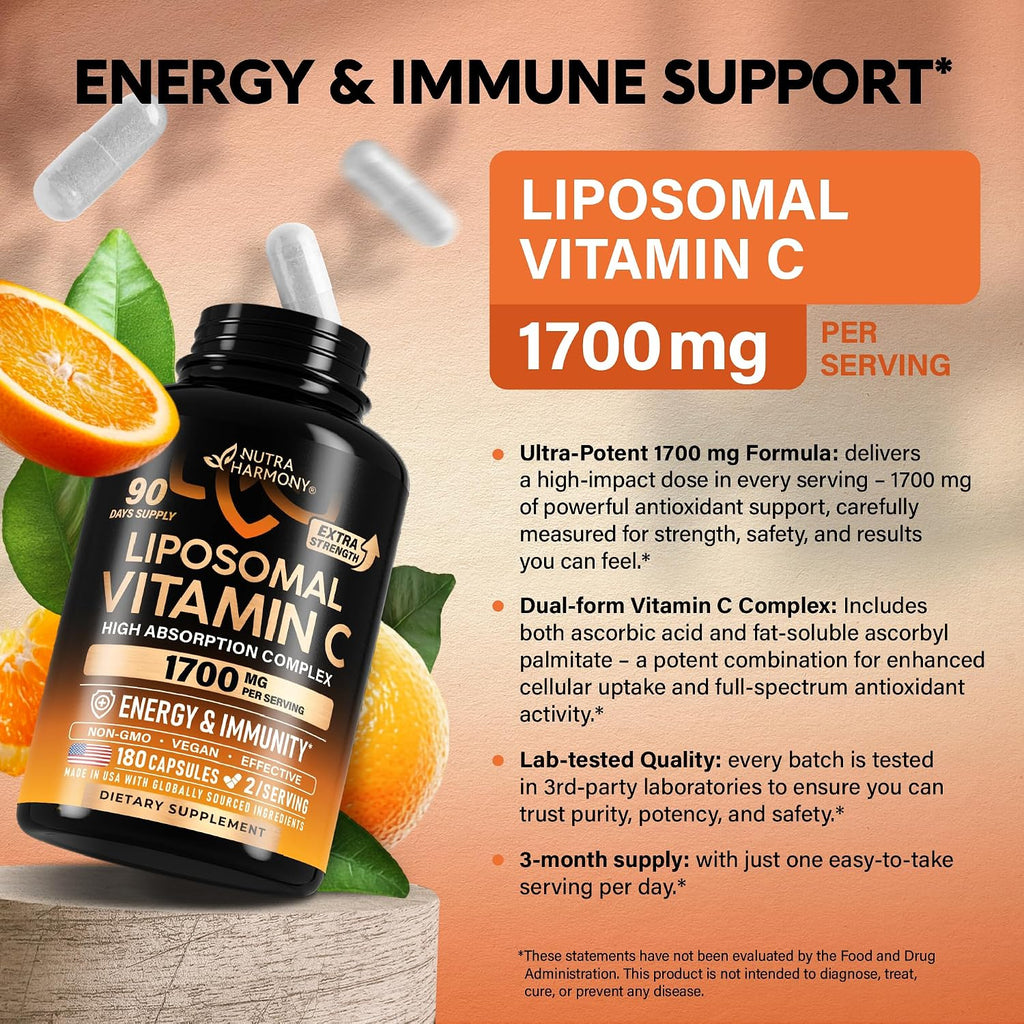 Liposomal Vitamin C 1700 mg | Fórmula de Alta Absorción | 180 Cápsulas