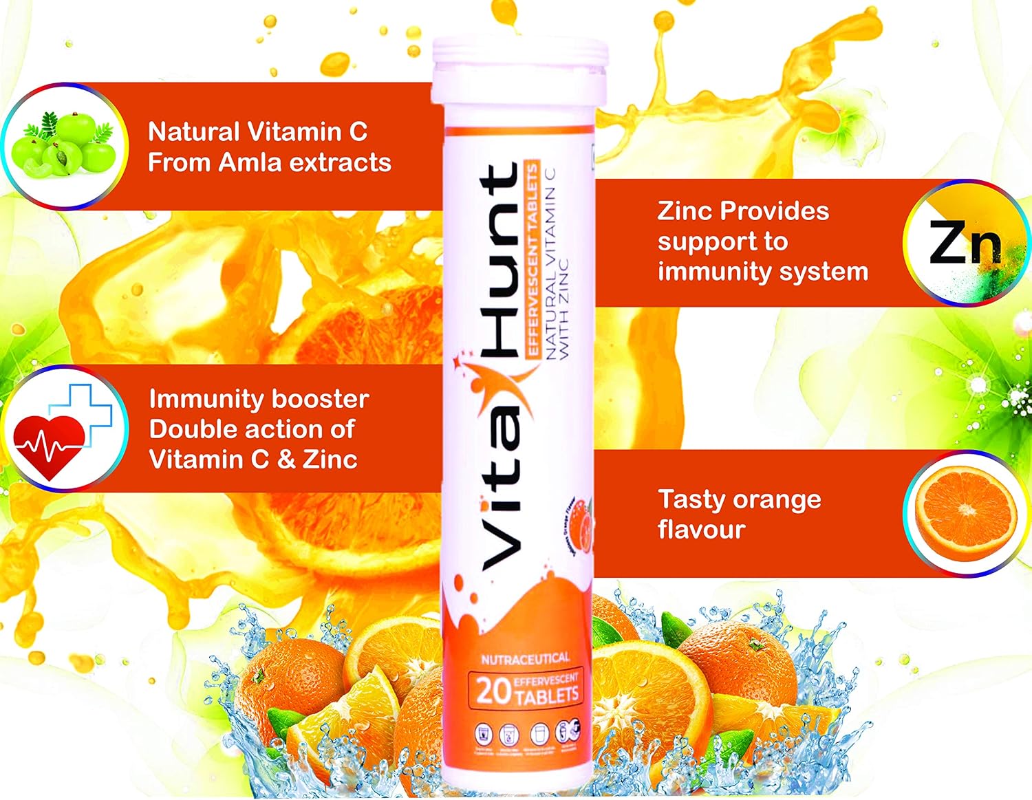 VitaHunt Vitamina C 1000 mg con Zinc - 20 Comprimidos Efervescentes Sabor Naranja