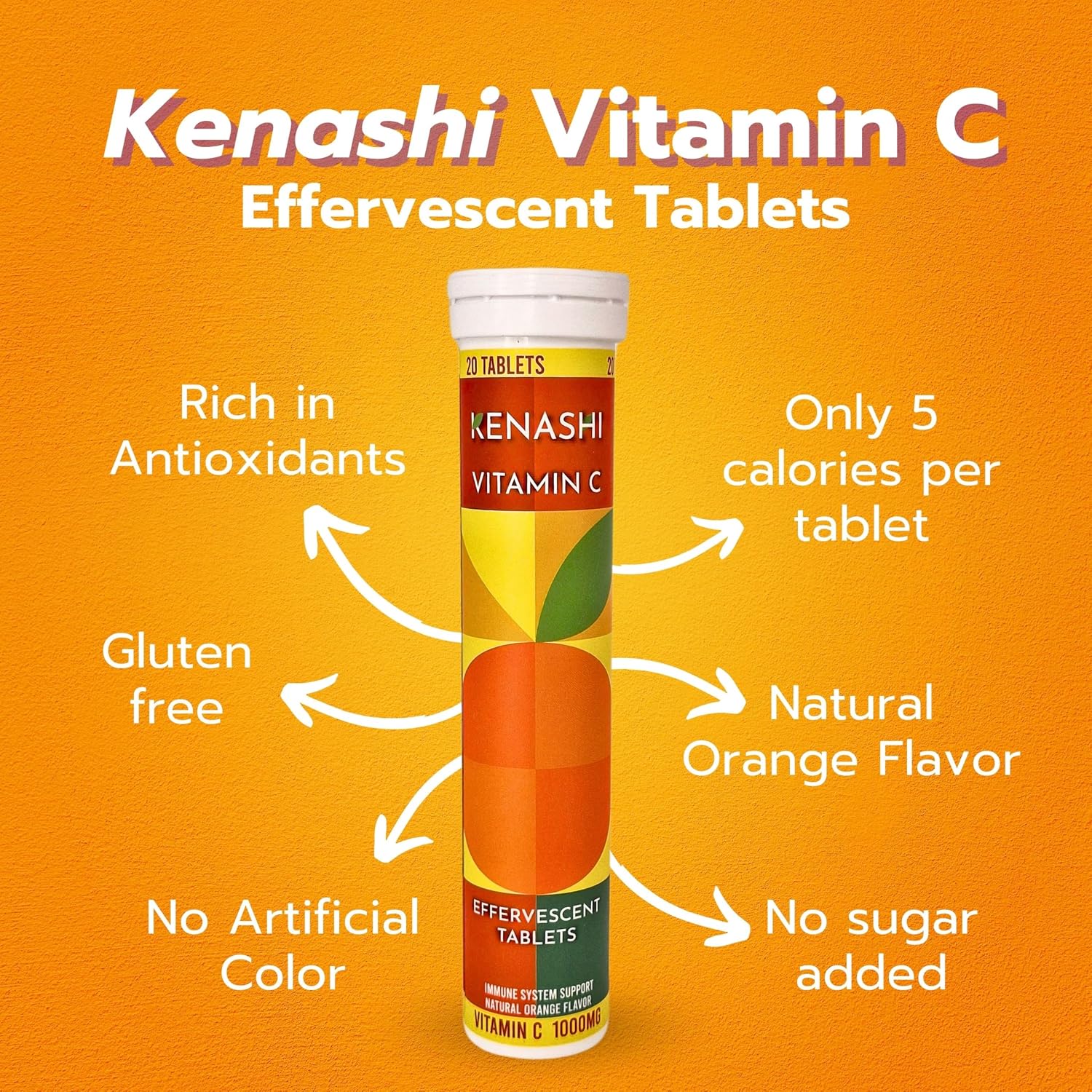 Kenashi Vitamina C 1000mg Efervescente con Zinc, Potasio, Magnesio y Vitamina E - 20 Comprimidos
