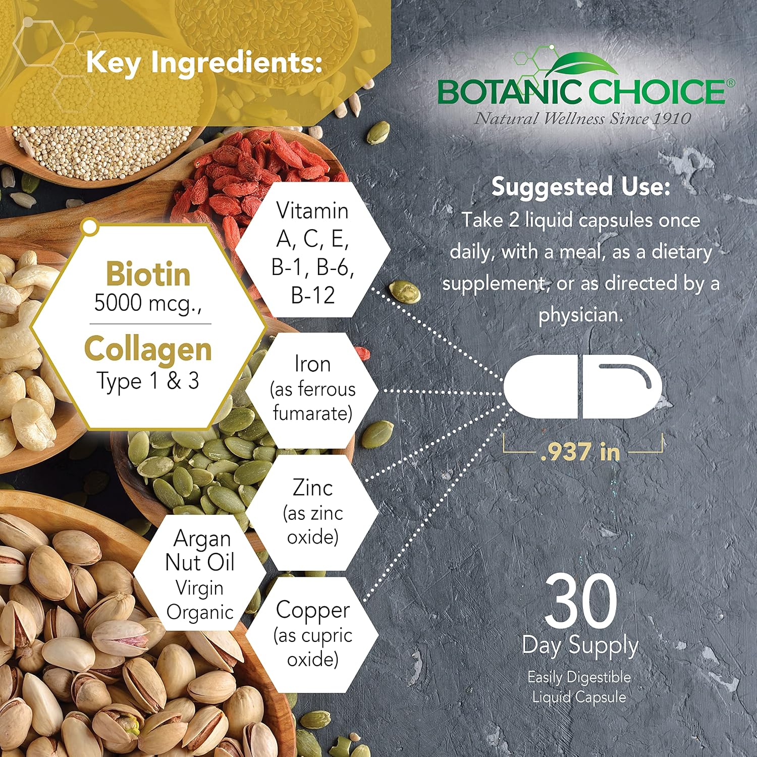 Botanic Choice Vitaminas para Cabello, Piel y Uñas - Suplemento de Biotina con Colágeno, Vitamina C y Hierro - 60 Cápsulas Líquidas