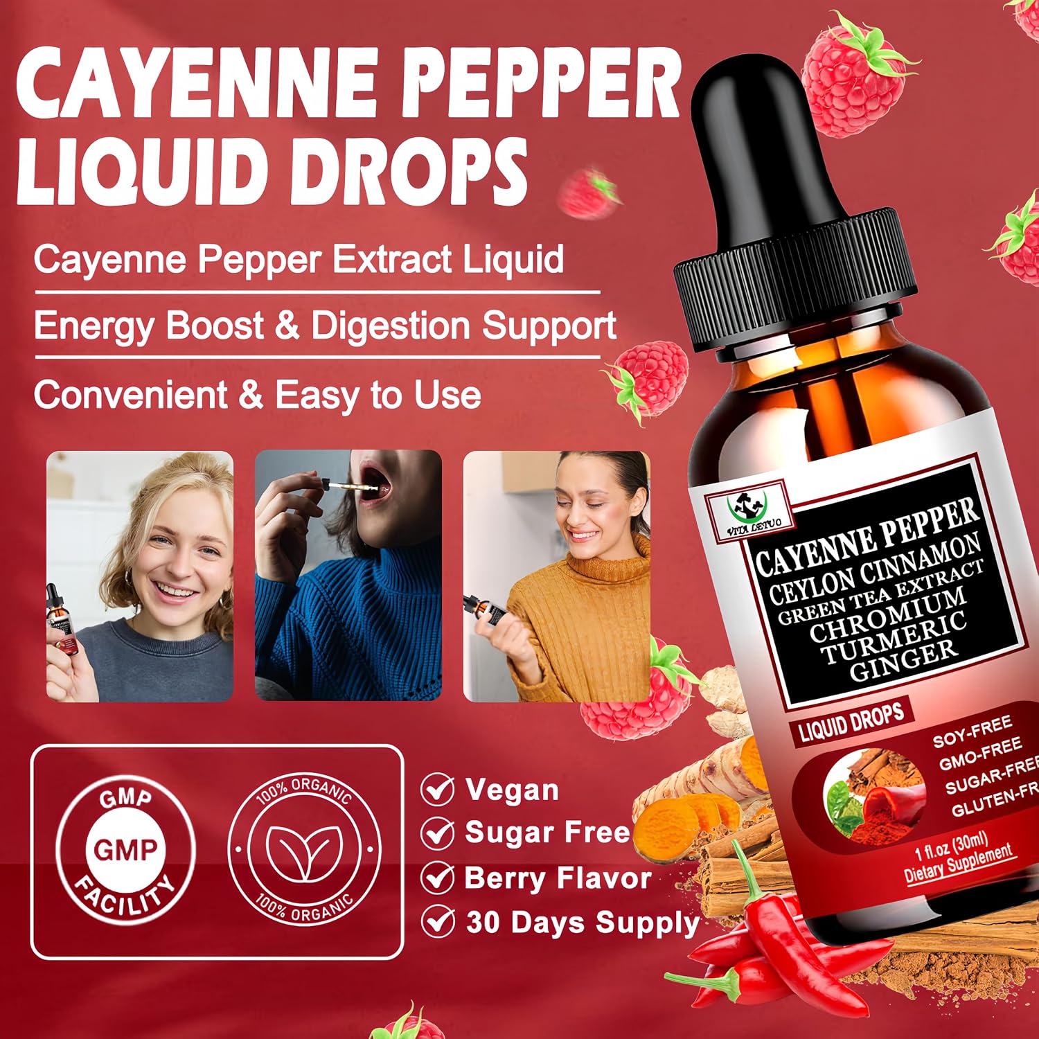 Gotas de Pimienta de Cayena 6 en 1, Alta Absorción - Suplemento Líquido con Canela de Ceilán, Extracto de Té Verde, Cúrcuma y Jengibre