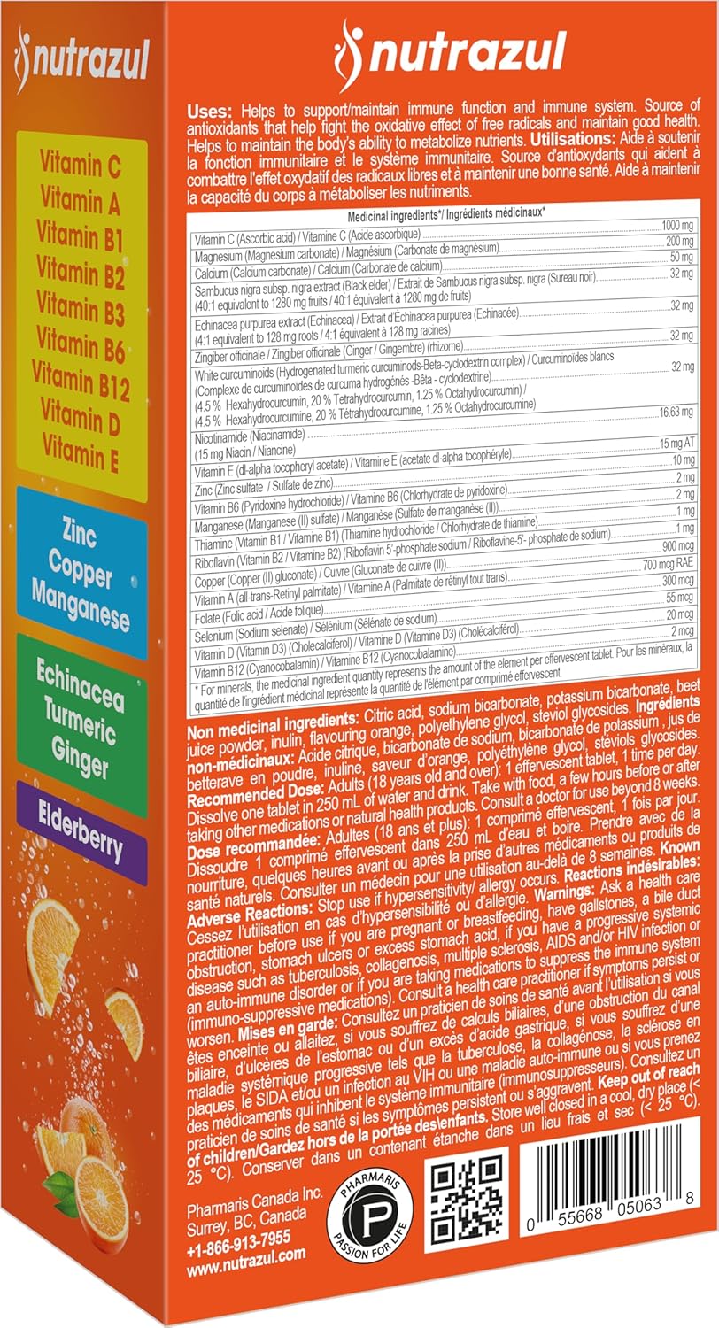 nutrazul Super Immune 30 comprimidos efervescentes – 20 vitaminas y minerales, extractos de saúco y equinácea, Vitamina C, Zinc, sin gluten, sin azúcar, sabor naranja