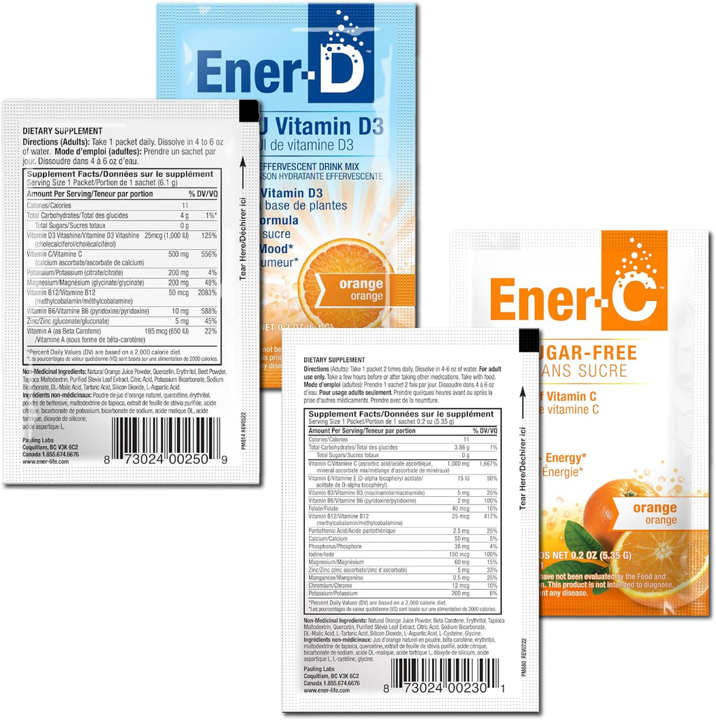 Ener-C Vitamina C 1000mg sin Azúcar y Ener-D Vitamina D3 Naranja Paquete Multivitamínico en Polvo