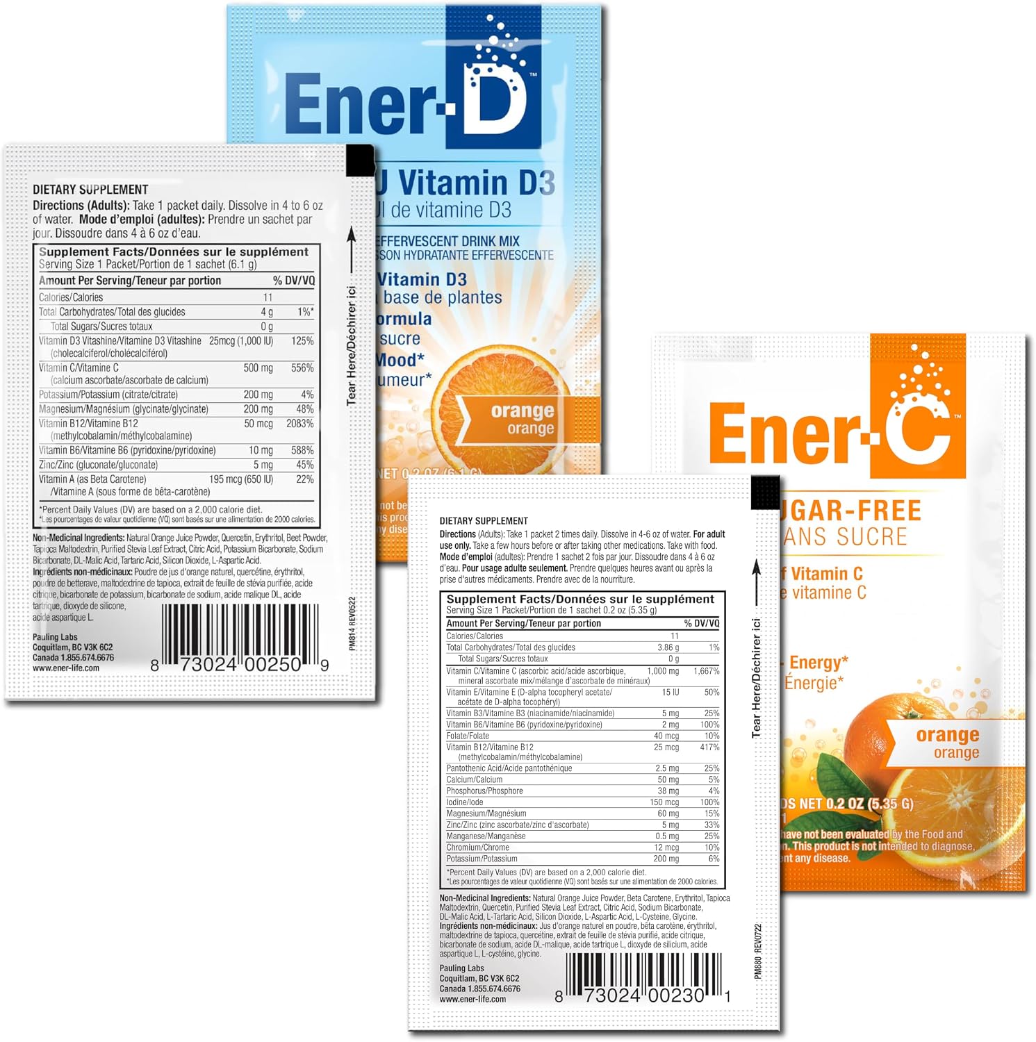 Ener-C Vitamina C 1000mg sin Azúcar y Ener-D Vitamina D3 Naranja Paquete Multivitamínico en Polvo