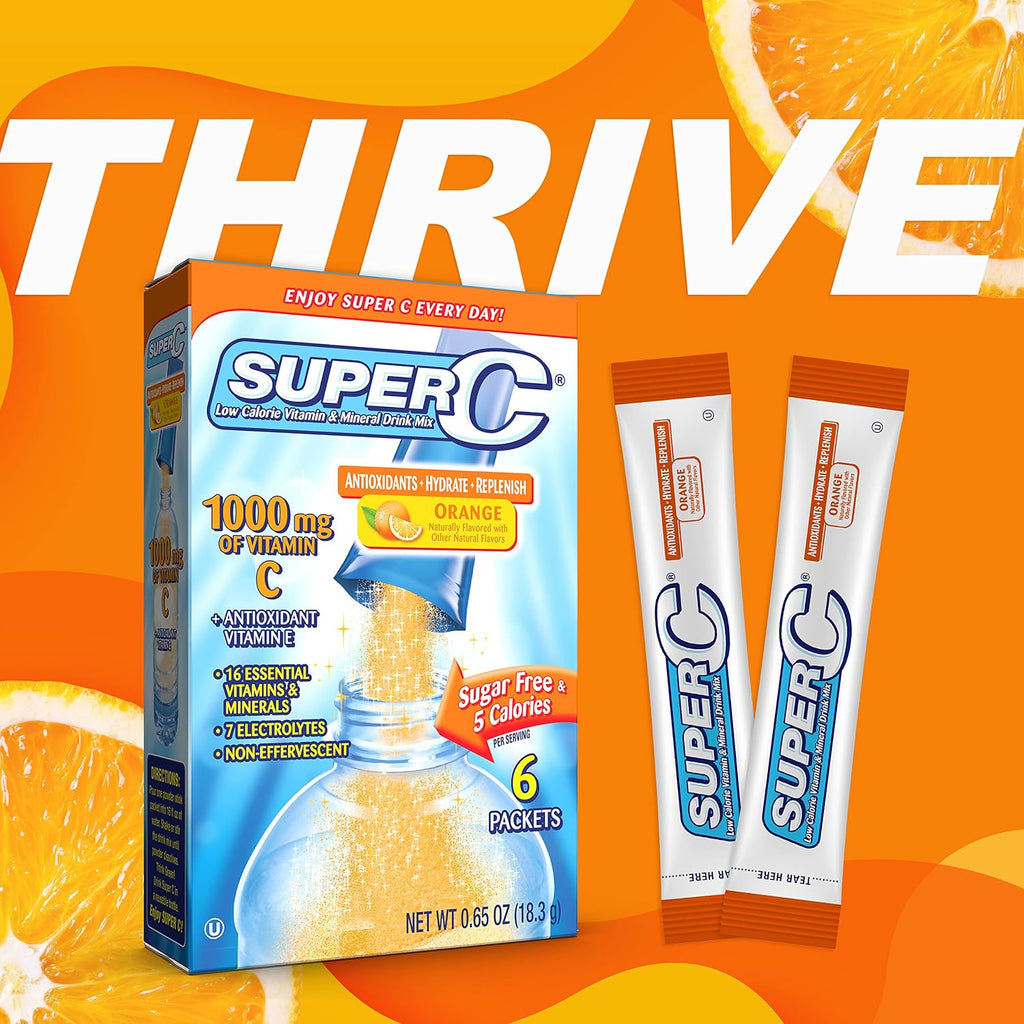 Super C Vitamina y Mineral Bebida en Polvo, Naranja, 6 Sobres por Caja, Paquete de 12 (72 Sobres en Total)
