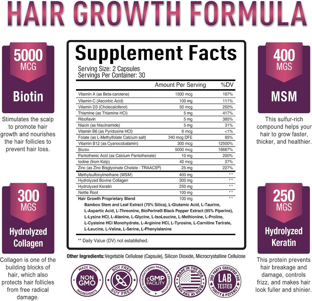 Purely Optimal Vitaminas para el Crecimiento del Cabello – 5000 mcg Biotina, Colágeno, Keratina – 60 Cápsulas
