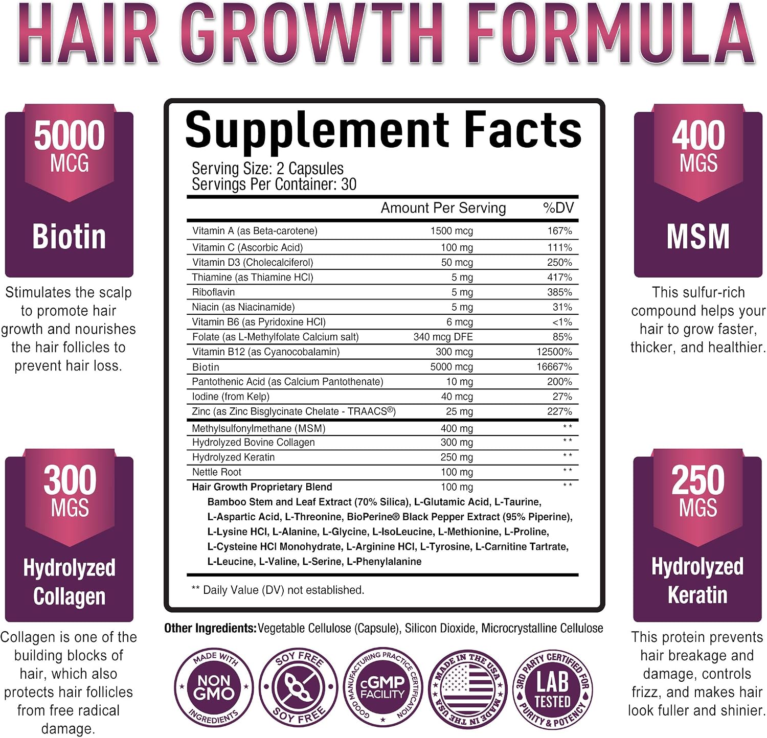Vitaminas para el Crecimiento del Cabello Purely Optimal – Biotina, Colágeno, Queratina – 60 Cápsulas