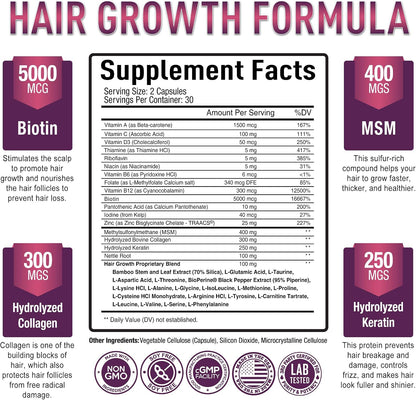 Vitaminas para el Crecimiento del Cabello Purely Optimal – Biotina, Colágeno, Queratina – 60 Cápsulas – Image 2