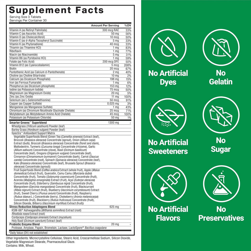 Force Factor Smarter Greens Tablets, 2 Pack, 180 Comprimidos - Suplemento Verde con Superalimentos
