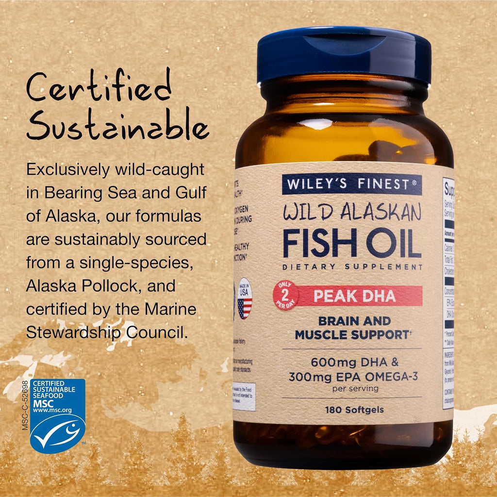 Wiley's Finest Aceite de Pescado Wild Alaskan Peak DHA - 900 mg EPA y DHA - 180 Perlas (90 Dosis)