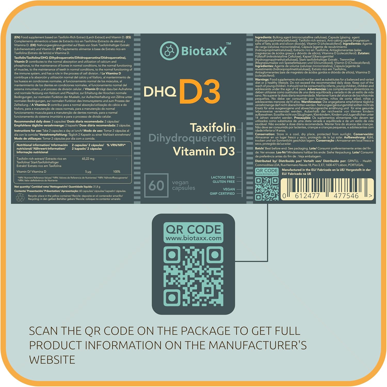 Taxifolina (Dihidroquercetina) + Vitamina D3 – 530 mg, 60 Cápsulas Veganas – Antioxidante y Salud Ósea