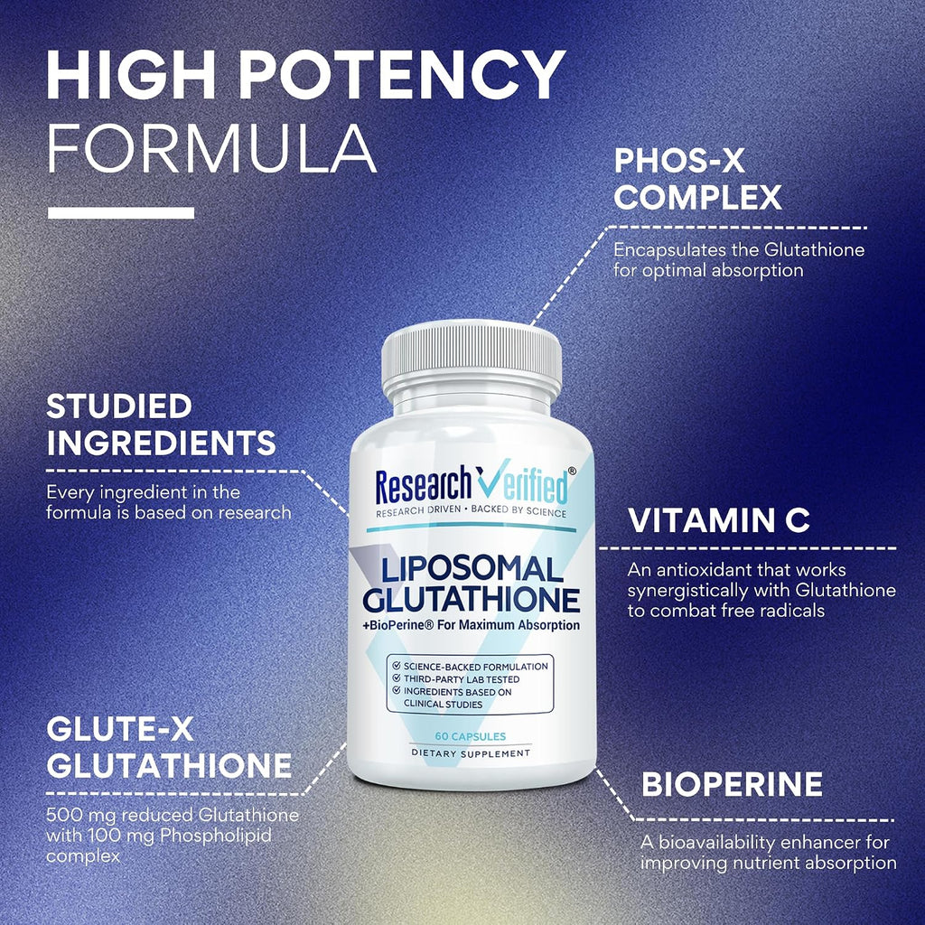 Research Verified® Glutatión Liposomal 500mg con Complejo Fosfolípido, Vitamina C y Bioperine® - 60 Cápsulas Veganas