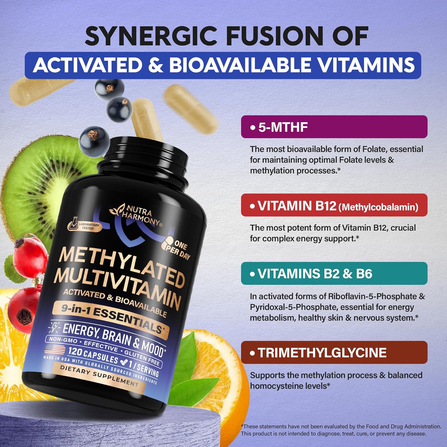 Multivitamínico Metilado 9-en-1 - B2, B6, 5-MTHF, B12, C, D3, E, K2 y TMG - 120 Cápsulas