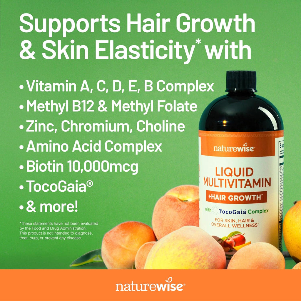 NatureWise Multivitamínico Líquido para el Crecimiento del Cabello con TocoGaia® - Sin Azúcar, Vegano - 887 ml