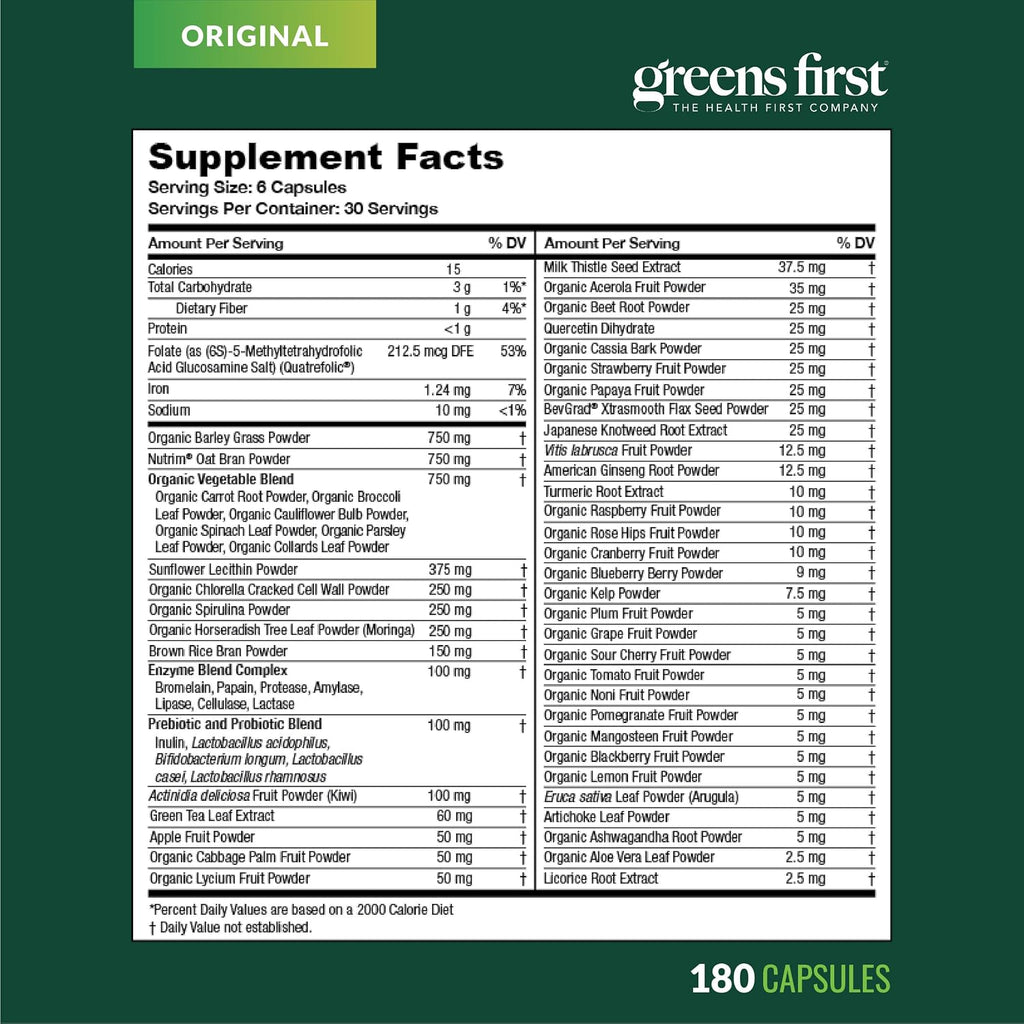 Greens First Cápsulas de Fitonutrientes - 49 Superalimentos Ricos en Antioxidantes con Frutas y Verduras Orgánicas, Prebióticos, Probióticos y Enzimas Digestivas - 180 Cápsulas