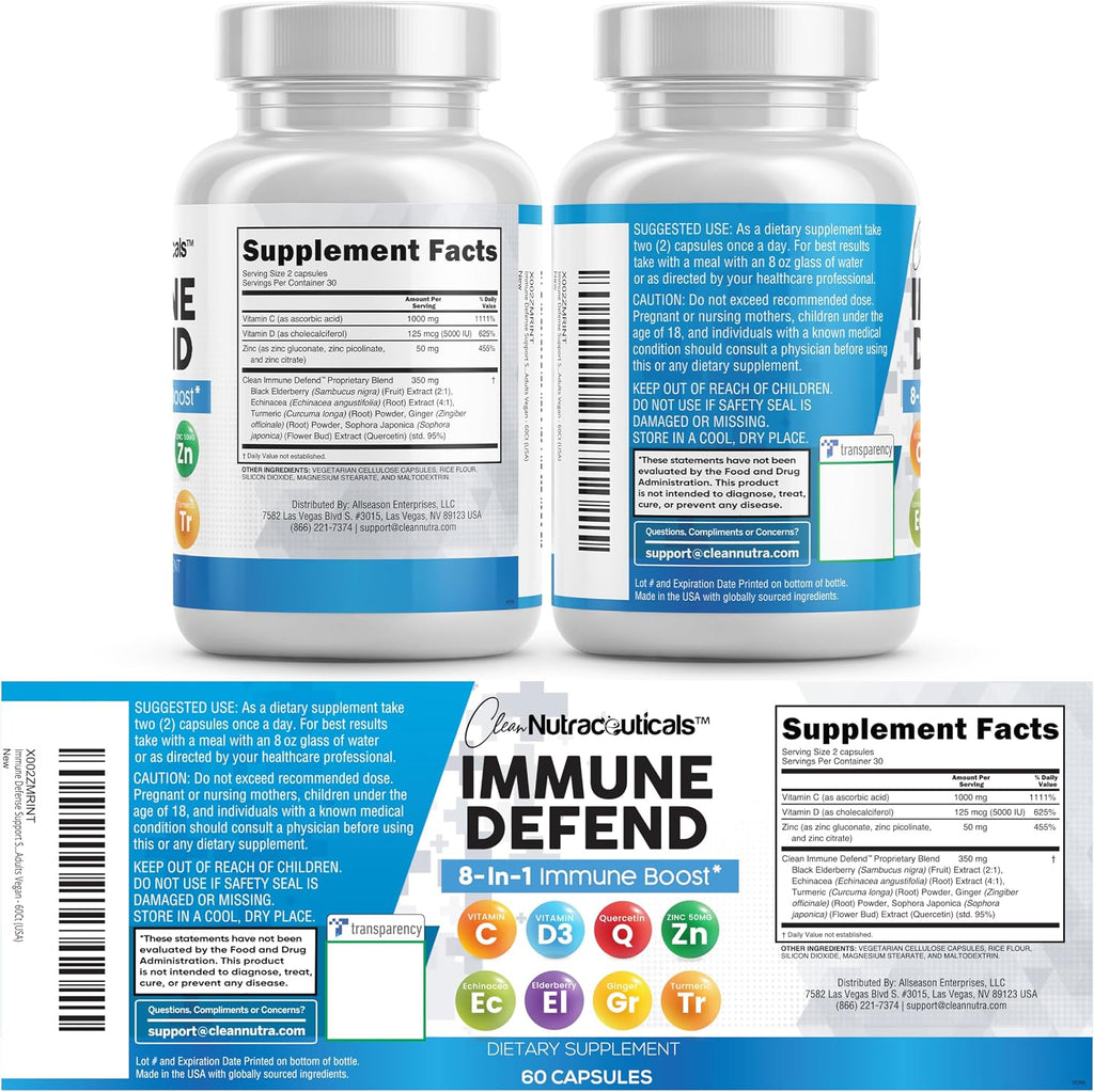 Clean Nutraceuticals Immune Defense Support – Suplemento 8 en 1 con Zinc 50mg, Quercetina, Vitamina C 1000mg, Vitamina D3 5000 UI, Saúco, Jengibre – 60 cápsulas veganas