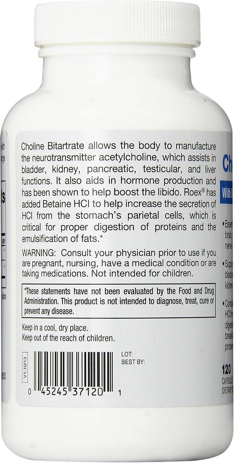 Roex Colina Bitartrato 1000 mg con Betaína HCl - 120 Cápsulas
