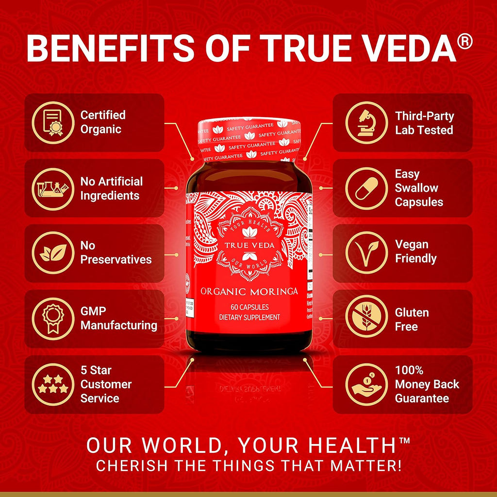 Cápsulas de Moringa Orgánica True Veda | Extracto Concentrado 10:1 | Suplemento Vegano | 60 Cápsulas