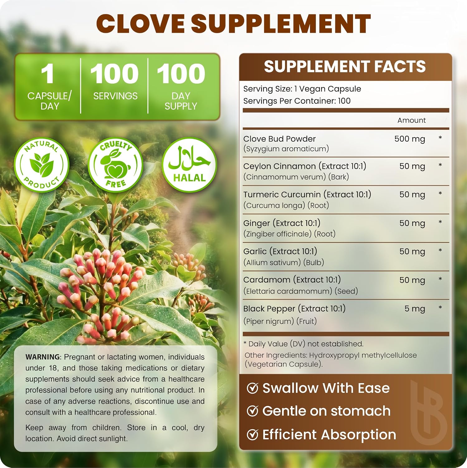 Herbpy 7 en 1 Clavo de Olor 500 mg con Cúrcuma, Jengibre, Canela y Más - 100 Cápsulas Veganas