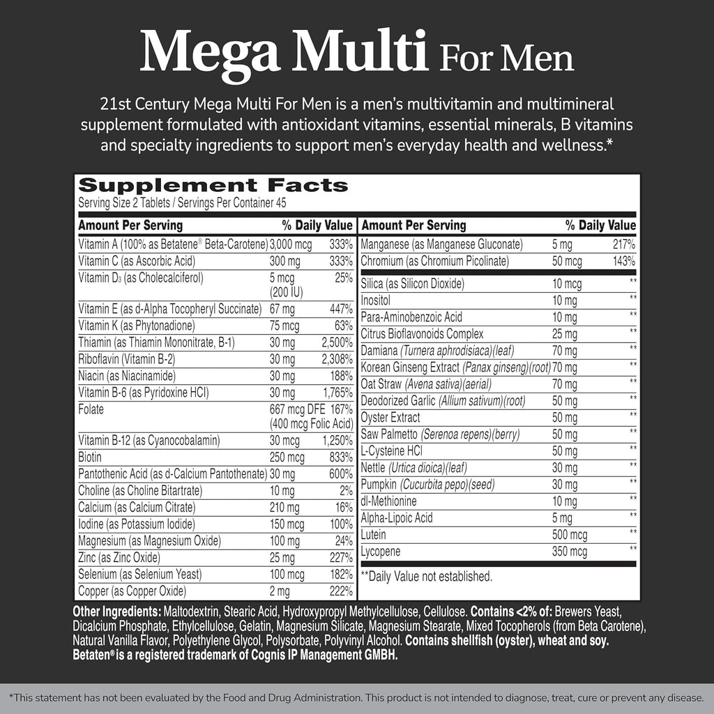 21st Century Mega Multi for Men - Multivitamínico con Saw Palmetto y Ginseng, 90 Tabletas