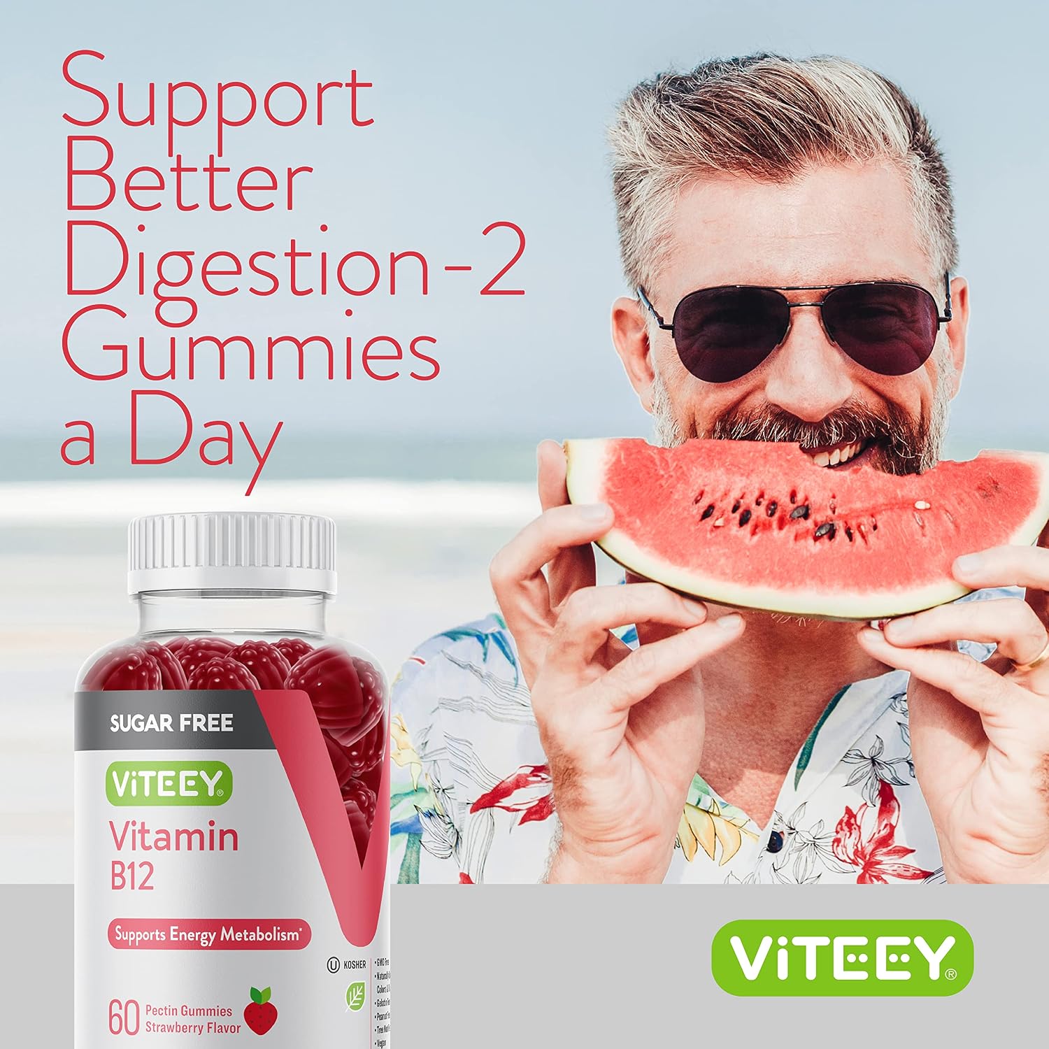 Viteey Gominolas de Vitamina B12 para Adultos y Adolescentes 1000mcg, Sin Azúcar