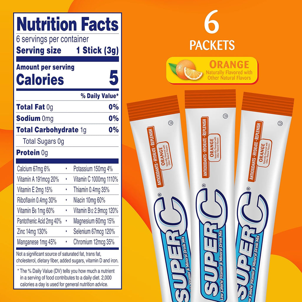 Super C Vitamina y Mineral Bebida en Polvo, Naranja, 6 Sobres por Caja, Paquete de 12 (72 Sobres en Total)