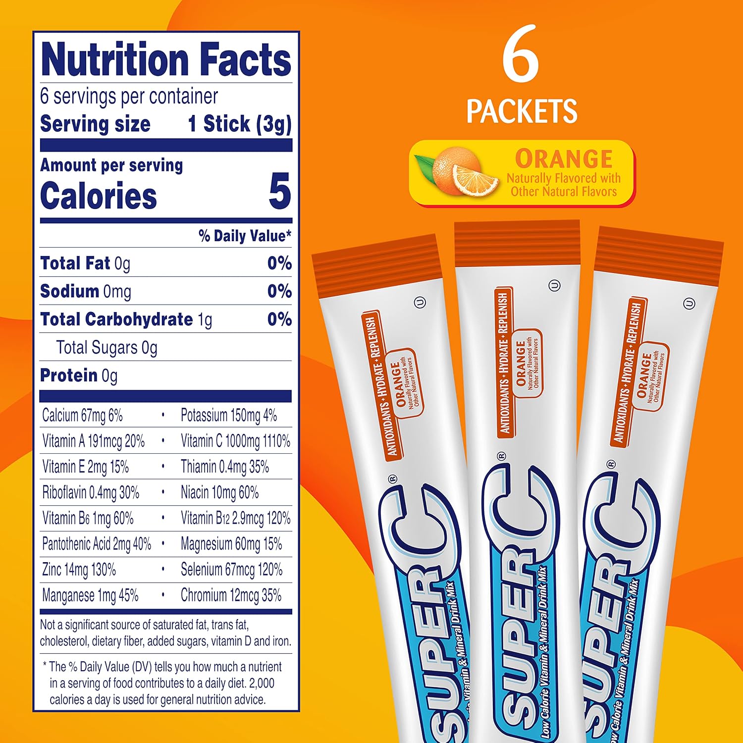 Super C Vitamina y Mineral Bebida en Polvo, Naranja, 6 Sobres por Caja, Paquete de 12 (72 Sobres en Total)