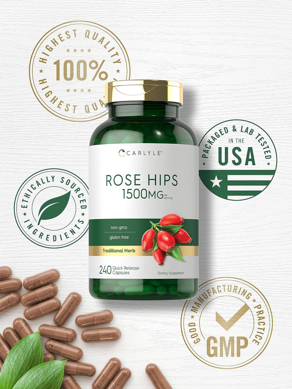 Carlyle Escaramujo 1500mg | 240 Cápsulas de Liberación Rápida | Sin Gluten y No-GMO