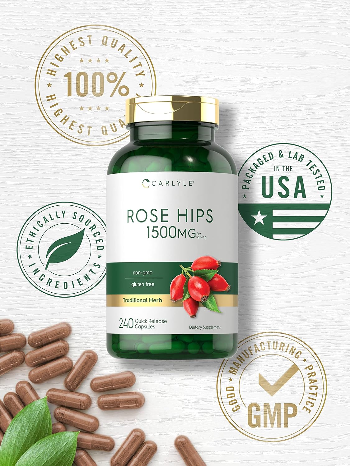Carlyle Escaramujo 1500mg | 240 Cápsulas de Liberación Rápida | Sin Gluten y No-GMO
