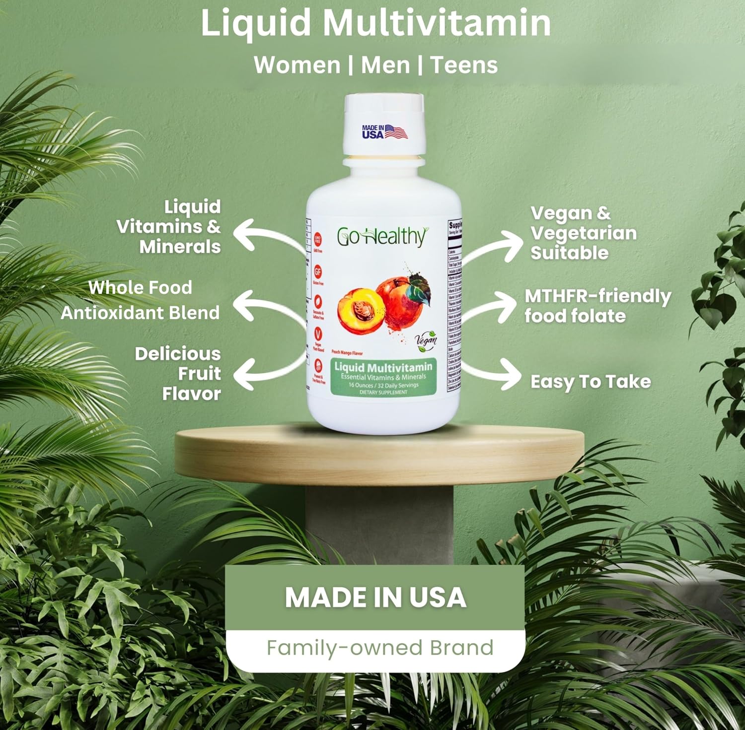 Go Healthy Complete Liquid Multivitamin | Vegan | 32 Doses | Mango and Peach Flavor