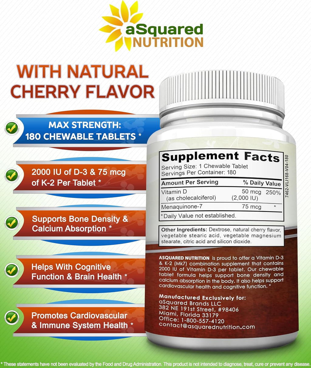 aSquared Nutrition Vitamina D3 con K2 MK-7 - 180 Pastillas Masticables