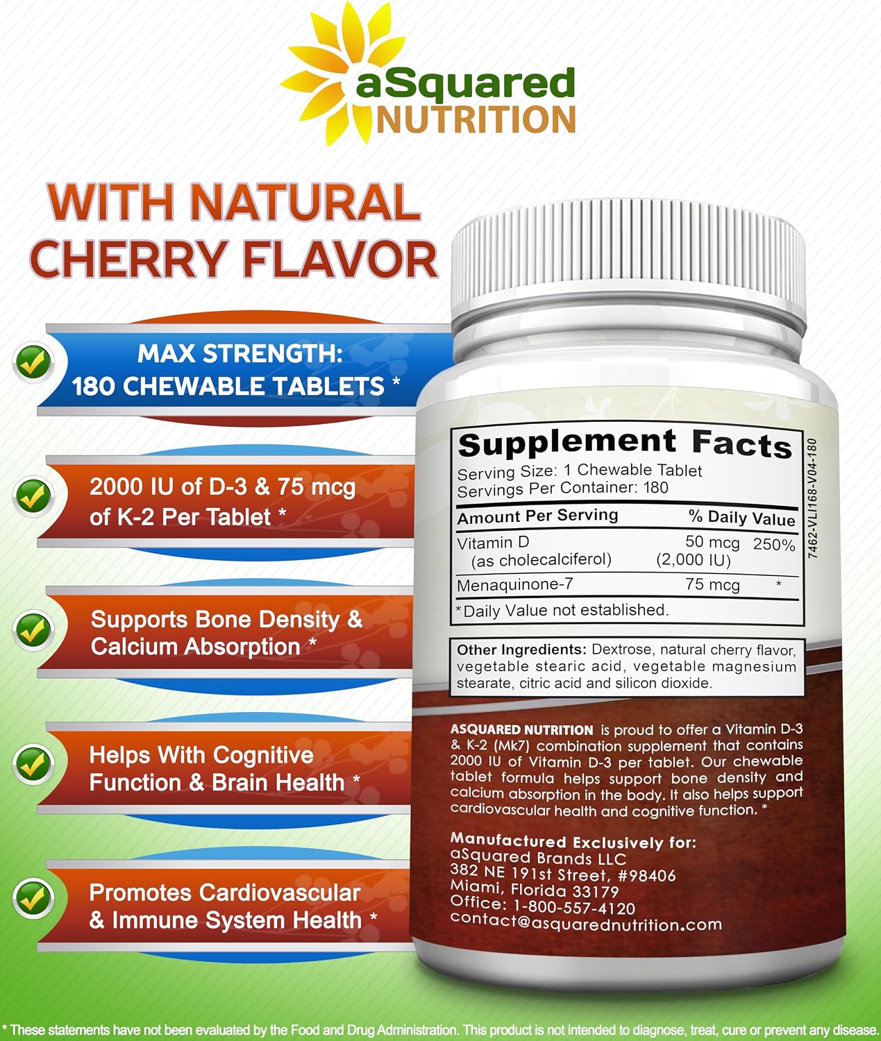 aSquared Nutrition Vitamina D3 con K2 MK-7 - 180 Pastillas Masticables