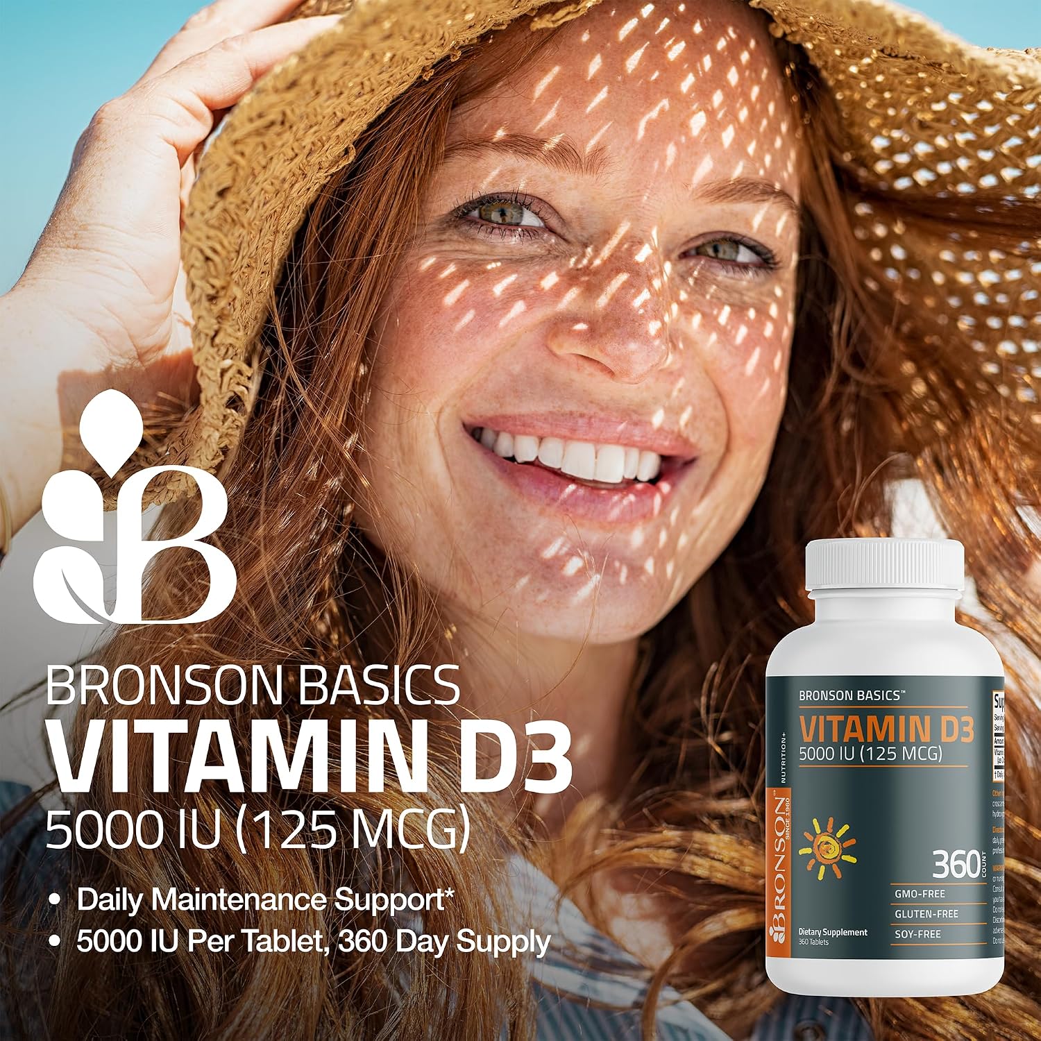 Bronson Vitamina D3 5000 UI (125 mcg) - 360 Comprimidos - No Transgénico, Sin Gluten, Sin Soja