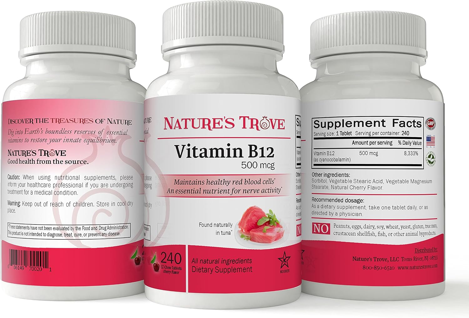 Vitamina B12 500 mcg de Nature's Trove - 240 comprimidos masticables EZ sabor cereza
