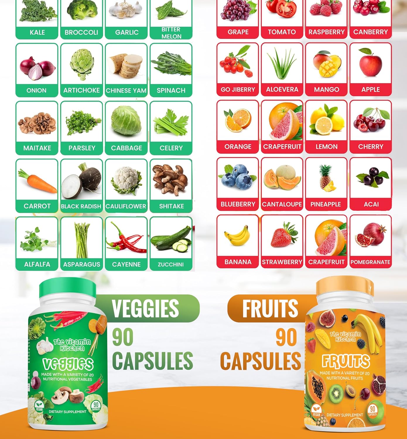 The Vitamin Kitchen Suplemento de Frutas y Verduras – 90 Frutas, 90 Verduras Cápsulas Veganas – Pack de 2 (180 Cápsulas)