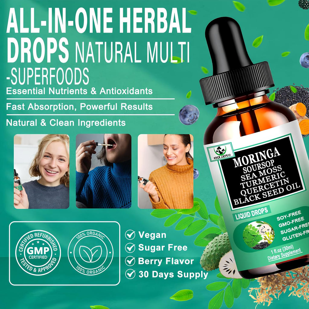 Moringa Drops – Extracto Líquido Puro de Moringa Oleifera con Soursop, Sea Moss, Aceite de Semilla Negra, Quercetina y Cúrcuma | Suplemento Superfood Multimineral y Vitaminas