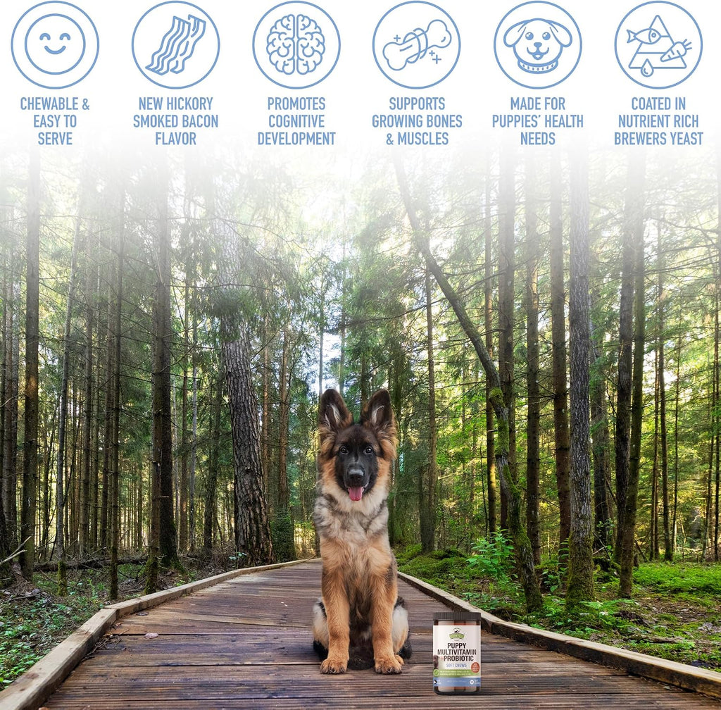 Strawfield Pets' Multivitamínico + Probióticos para Cachorros - Apoyo Articular y Digestivo - Sabor Bacon - 120 Masticables Blandas