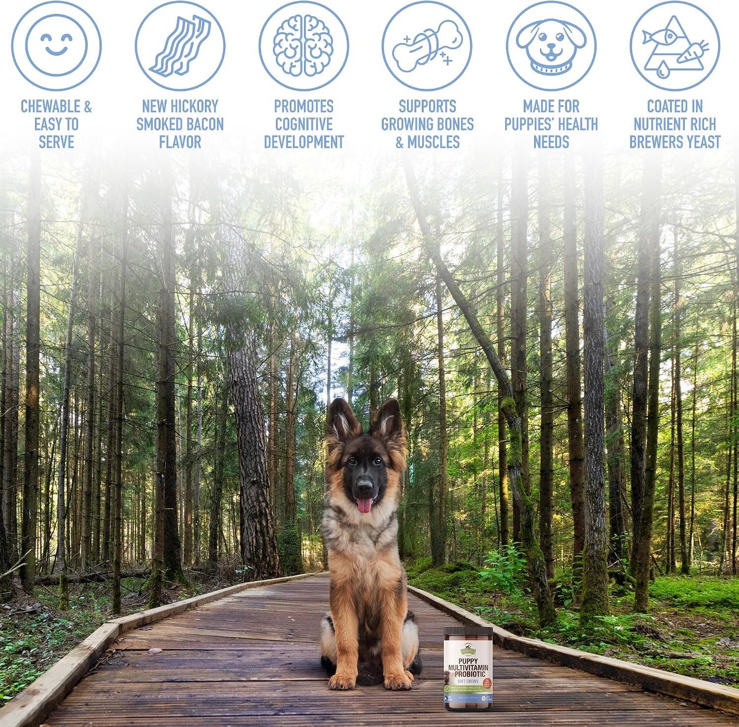 Strawfield Pets' Multivitamínico + Probióticos para Cachorros - Apoyo Articular y Digestivo - Sabor Bacon - 120 Masticables Blandas