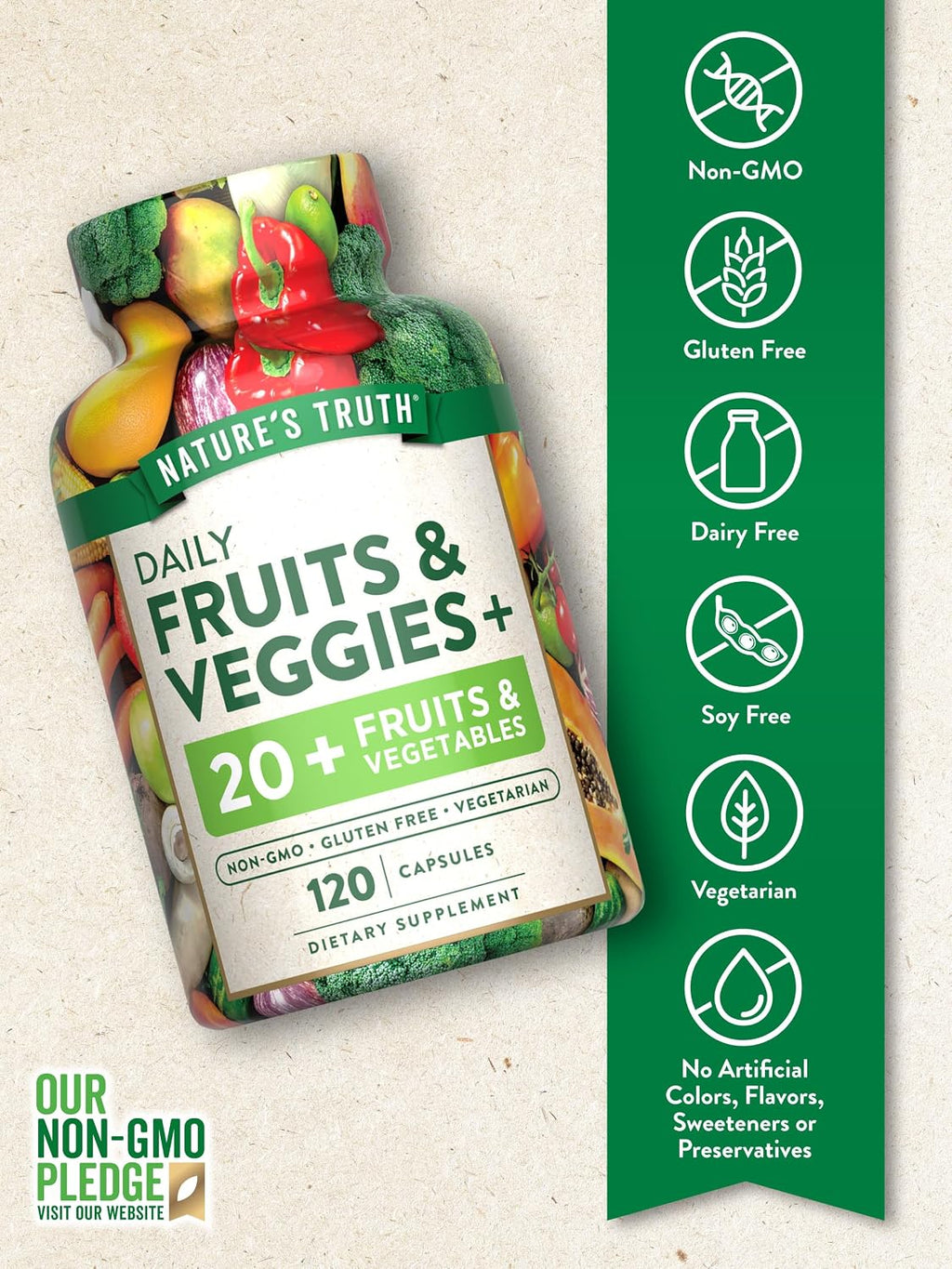 Nature's Truth Suplemento de Frutas y Verduras | 120 Cápsulas Vegetarianas | Más de 20 Frutas y Verduras | Vegetariano, No GMO y Sin Gluten