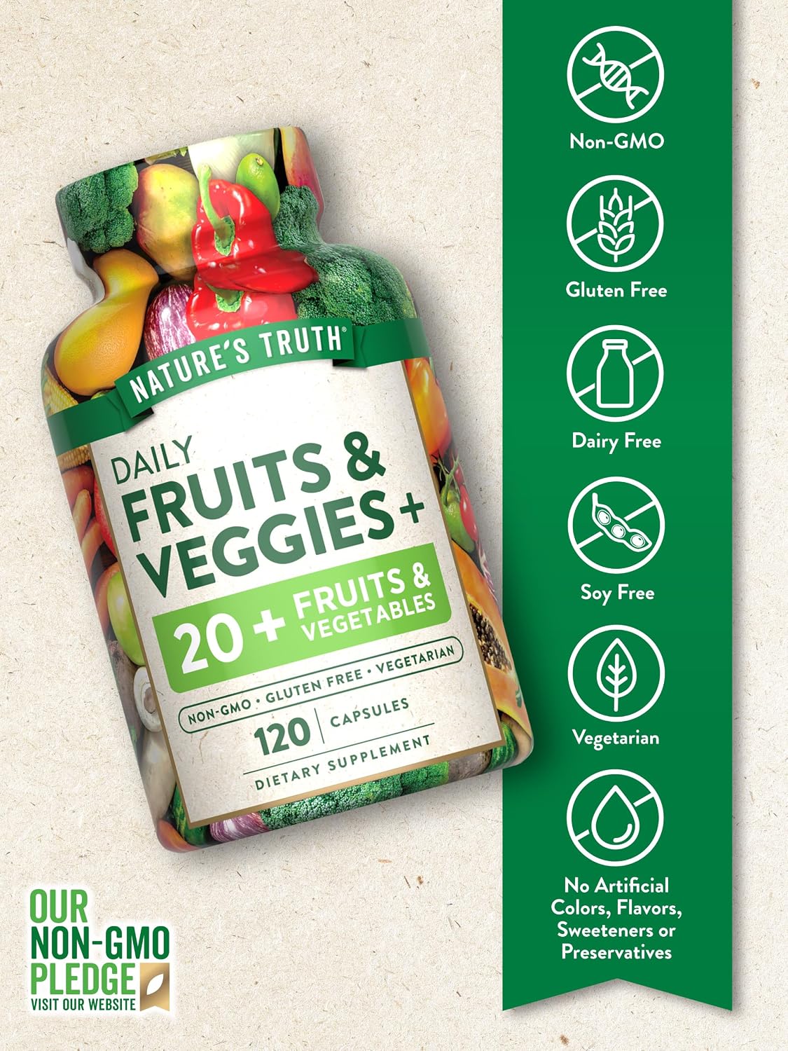 Nature's Truth Suplemento de Frutas y Verduras | 120 Cápsulas Vegetarianas | Más de 20 Frutas y Verduras | Vegetariano, No GMO y Sin Gluten