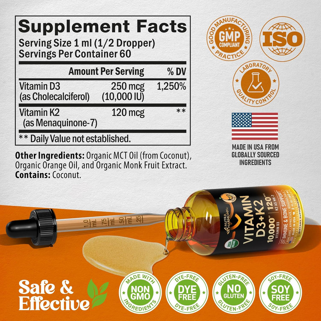 Vitamin D3 K2 USDA Organic Drops - Vitamina D3 10000 IU & K2 como MK-7 120mcg - Apoyo Inmune y de Ánimo, Salud de Huesos y Dientes - Sin Azúcar, Sabor Naranja - Suplemento Líquido - 60 ml, 60 Días