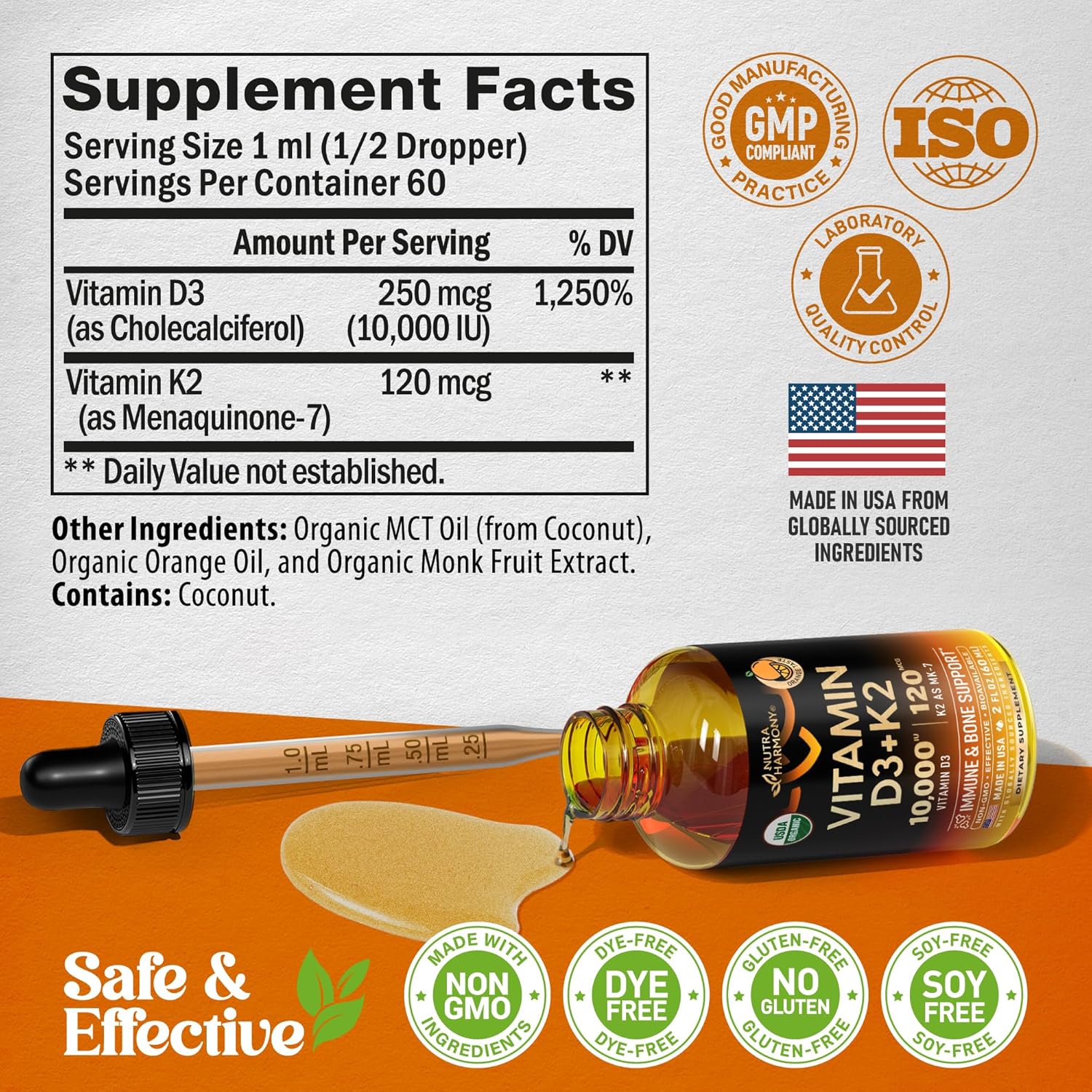 Vitamin D3 K2 USDA Organic Drops - Vitamina D3 10000 IU & K2 como MK-7 120mcg - Apoyo Inmune y de Ánimo, Salud de Huesos y Dientes - Sin Azúcar, Sabor Naranja - Suplemento Líquido - 60 ml, 60 Días