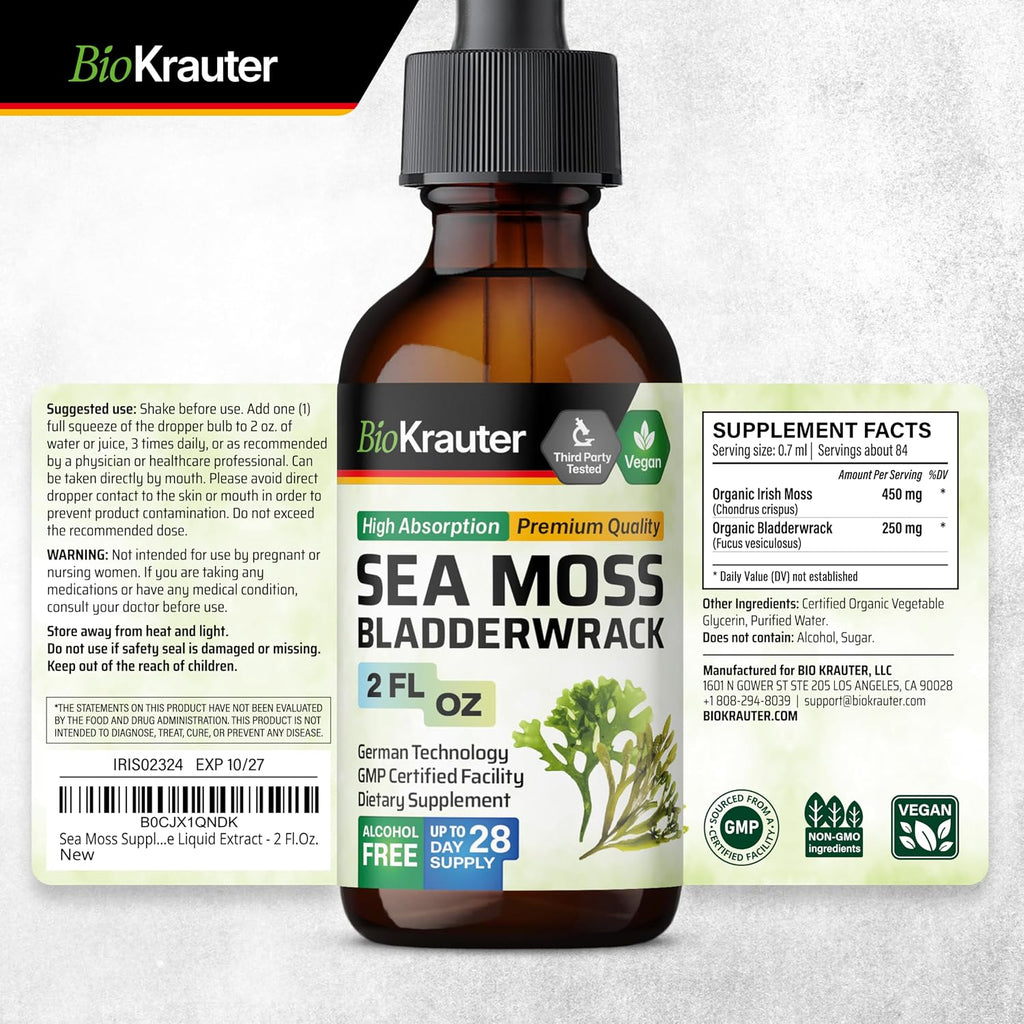 BIO KRAUTER® 2-in-1 Sea Moss y Bladderwrack Gotas – Suplemento Vegano de Algas Marinas, 59 ml