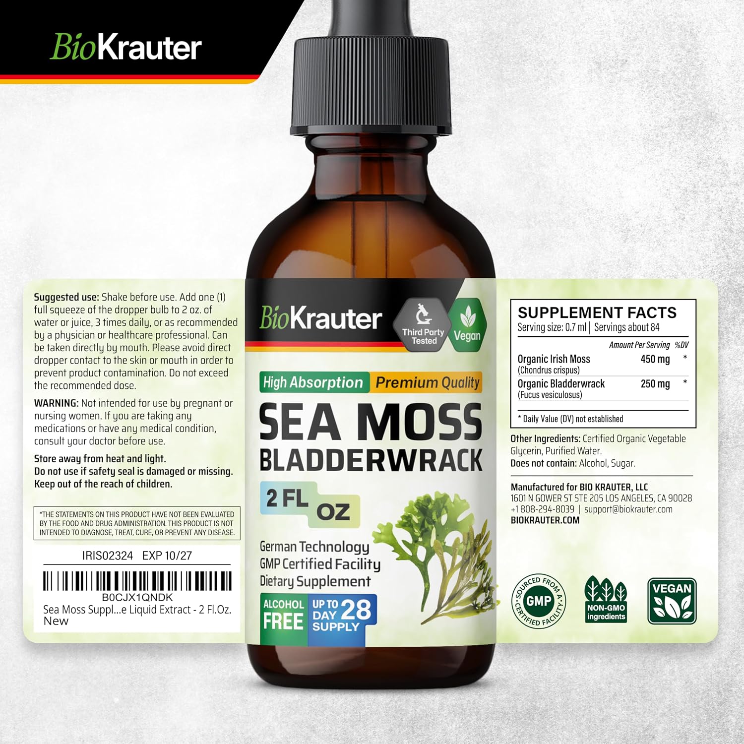 BIO KRAUTER® 2-in-1 Sea Moss y Bladderwrack Gotas – Suplemento Vegano de Algas Marinas, 59 ml