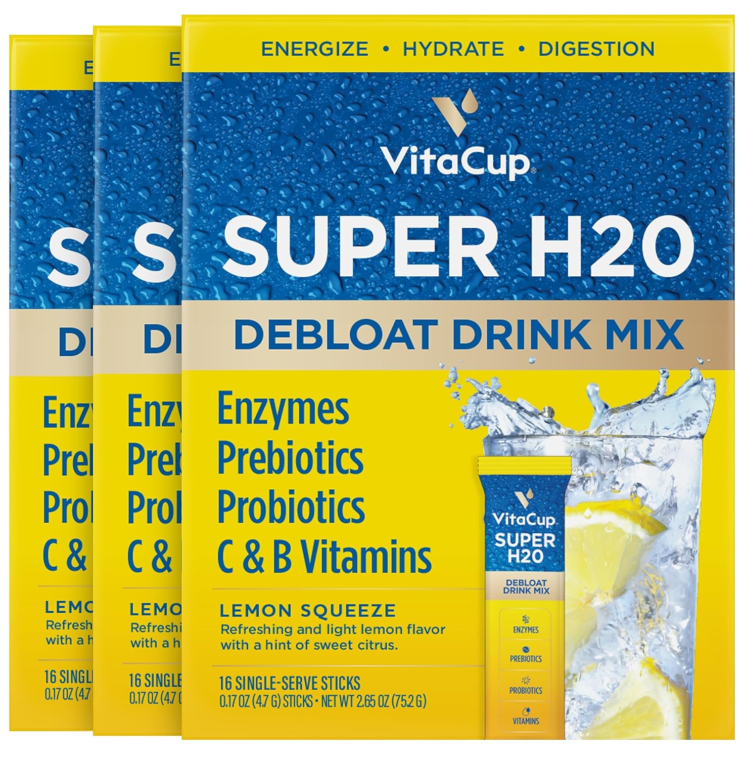 VitaCup Super H2O Mezcla en Polvo para Alivio de la Hinchazón y Salud Digestiva, con Probióticos, Prebióticos, Vitaminas C y B, Sabor a Bayas, 32 Sobres