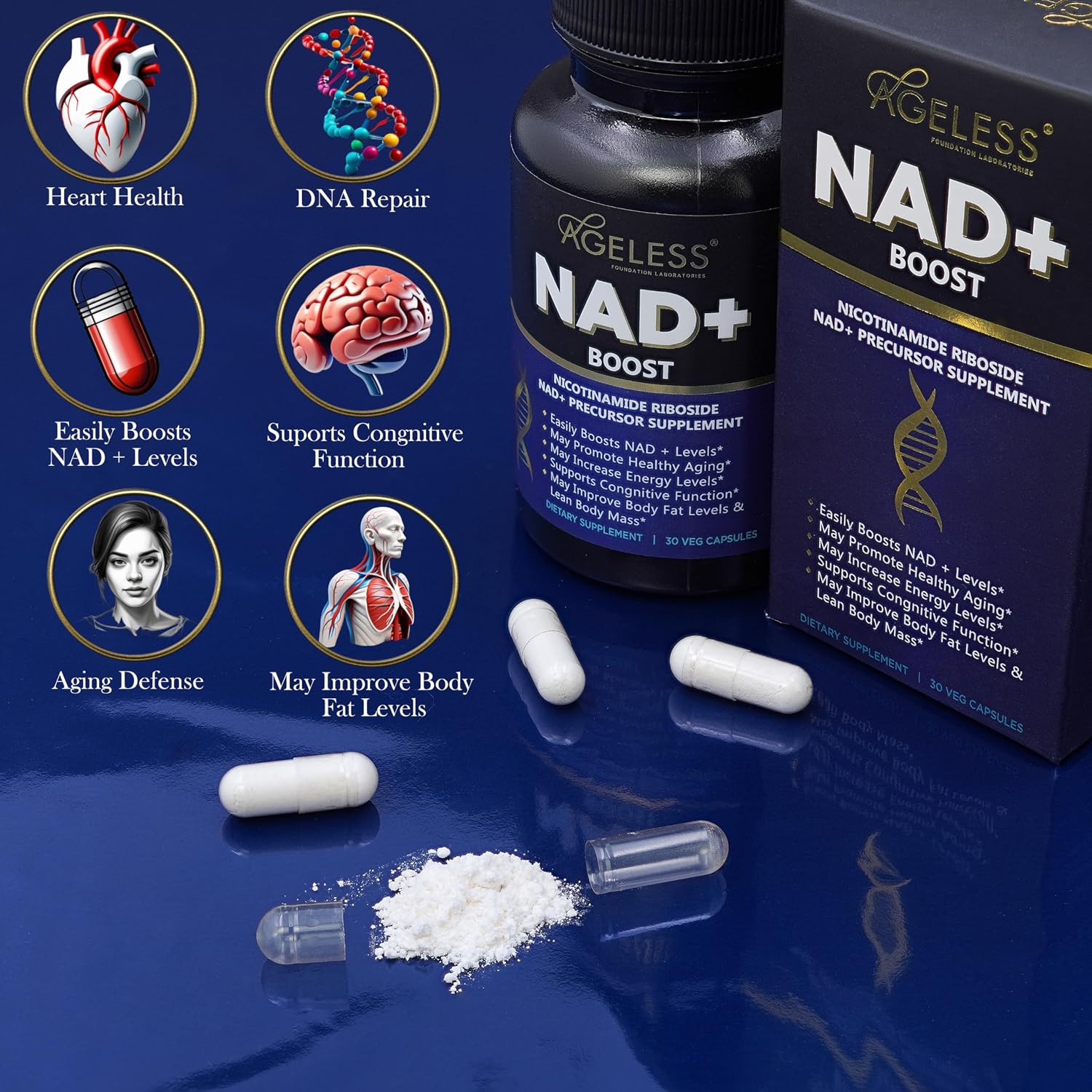 Ageless NAD+ Suplemento con Nicotinamida Ribósido para Mujeres y Hombres | 30 Cápsulas