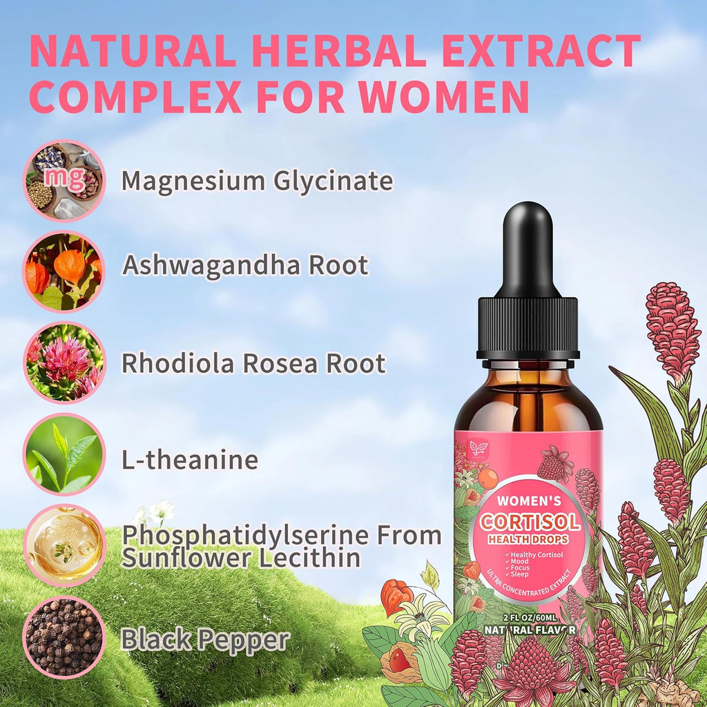 Hudetex Cortisol Supplements for Women Liquid Drops - With Ashwagandha, L-theanine, Phosphatidylserine, Rhodiola Rosea, Plus Black Pepper, Vegan, Natural Flavor, 2 Fl Oz (60 ml)